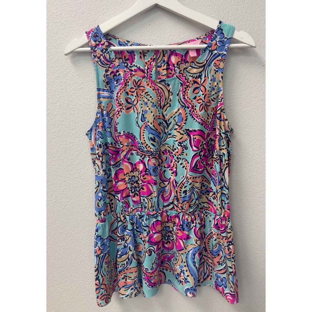 Lilly Pulitzer Silk Peplum Top Women Medium Blue Pink Paisley Floral Cottagecore